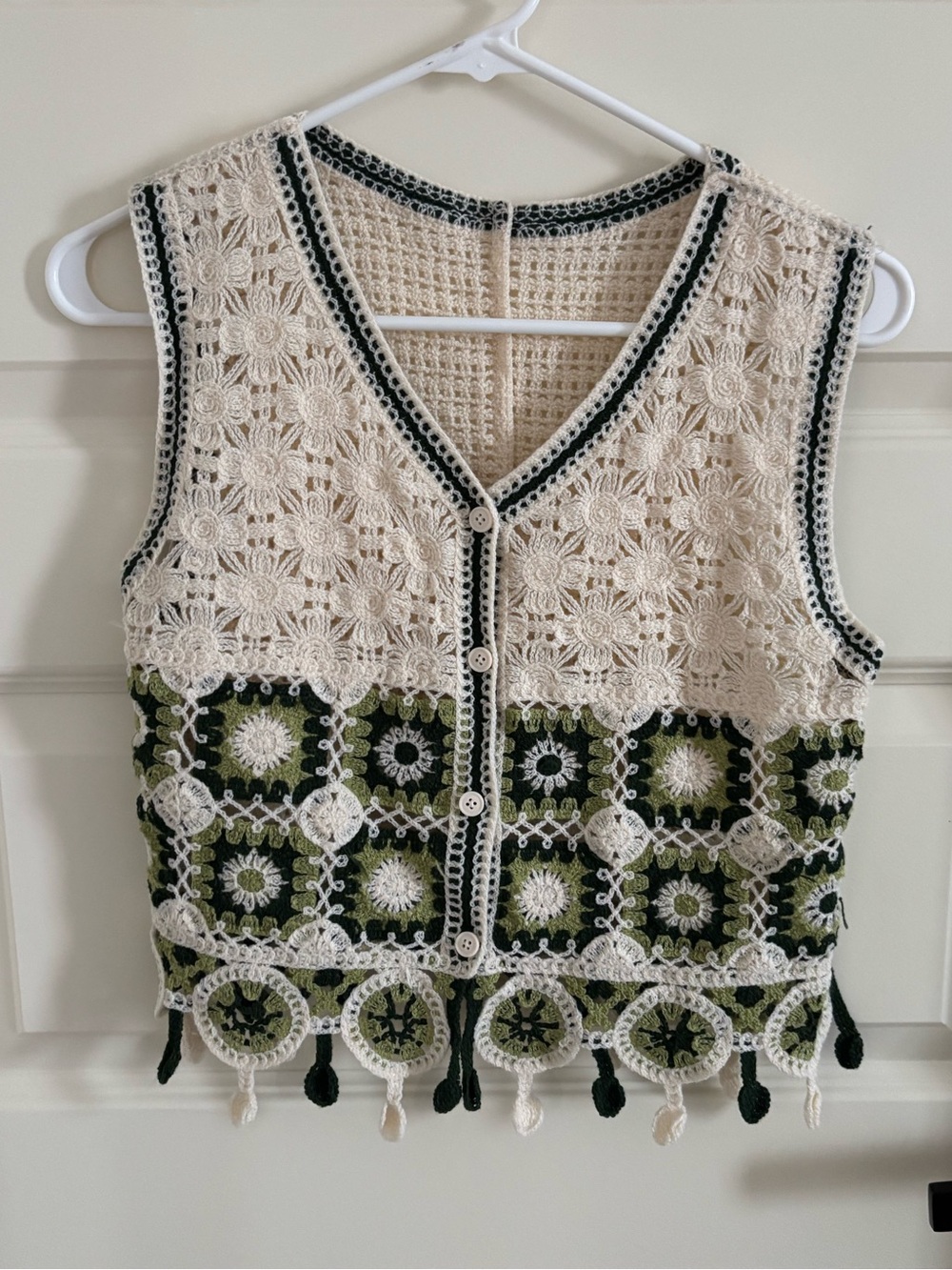 Crochet Vest in Cream and Olive Green